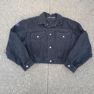Vtg 90s LA GEAR Cropped Sequin Black Denim Jean Jacket Sz Small Sports Car